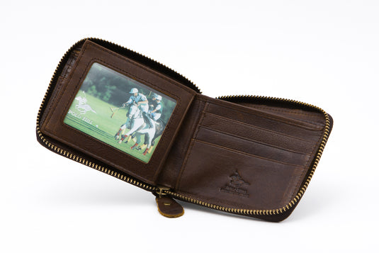 Brown RFID Protected Genuine Leather Ziparound Wallet - ID Windows
