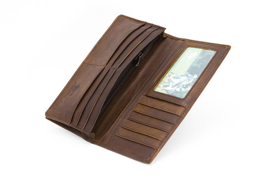 Brown RFID Blocking Genuine Leather Long Bi-Fold Wallet