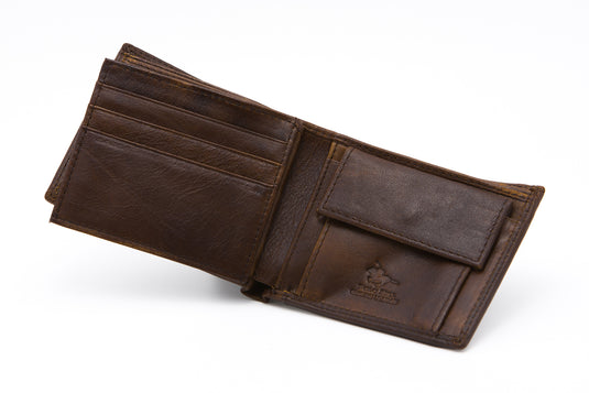 Brown RFID Protected Genuine Leather Bi-Fold Wallet - Coin Pouch