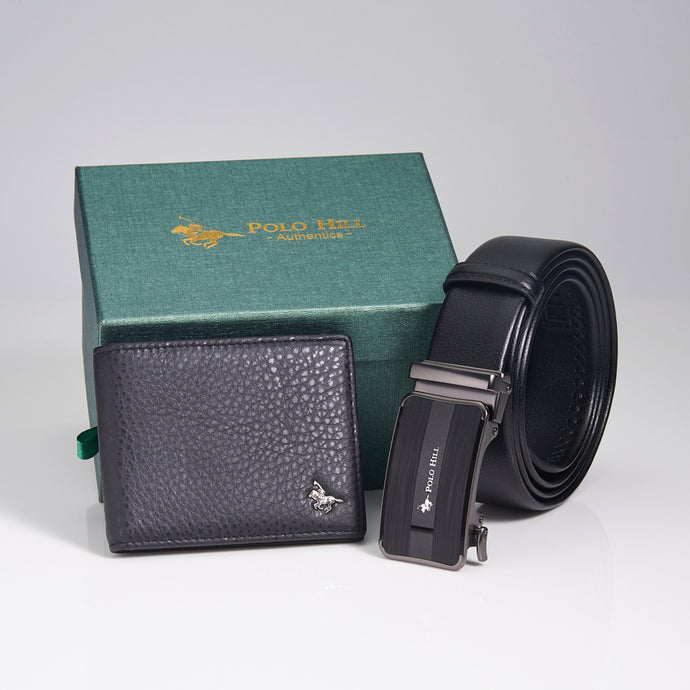 Mens Fortune Gift Box 2-in-1 Bundle Set RFID Protected Top Grain Leather Wallet Automatic Belt