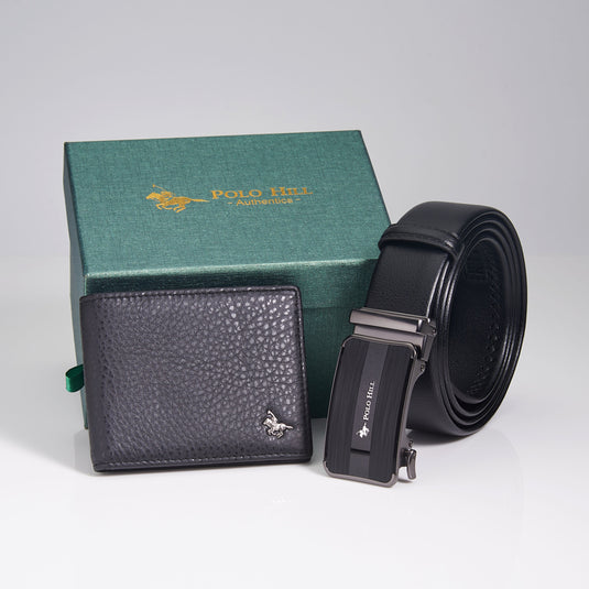 Mens Fortune Gift Box 2-in-1 Bundle Set RFID Protected Top Grain Leather Wallet Automatic Belt