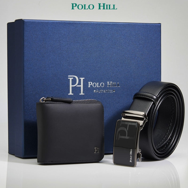 Load image into Gallery viewer, POLO HILL Men Premium Gift Box Bundle Set Genuine Leather RFID Secured Wallet Automatic Buckle PMAS-0A-004
