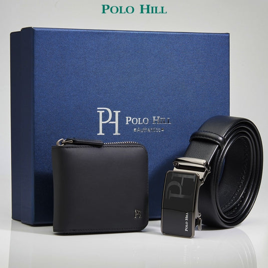 POLO HILL Men Premium Gift Box Bundle Set Genuine Leather RFID Secured Wallet Automatic Buckle PMAS-0A-004