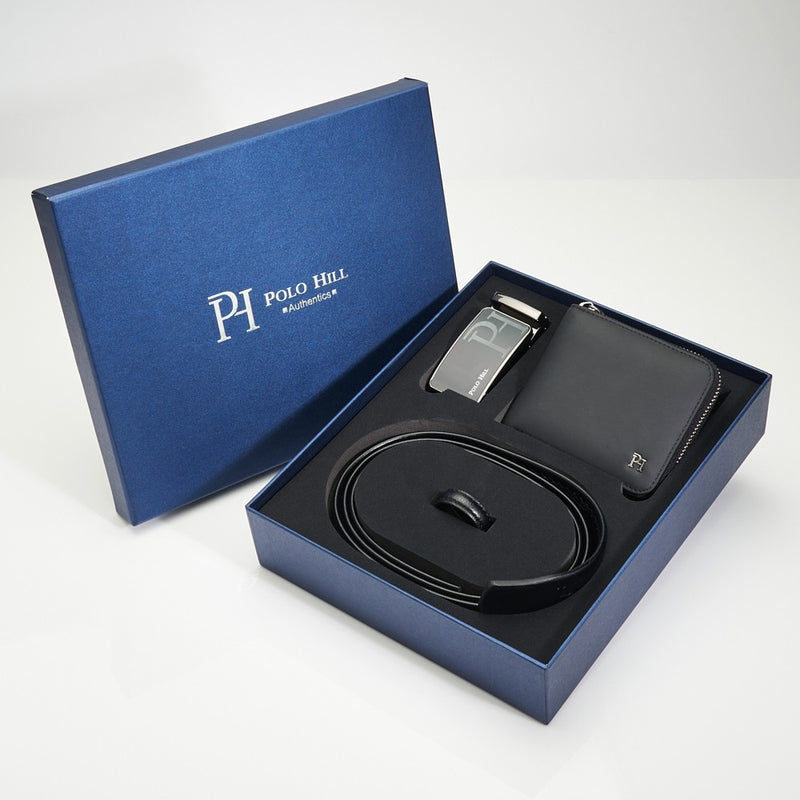 Load image into Gallery viewer, POLO HILL Men Premium Gift Box Bundle Set Genuine Leather RFID Secured Wallet Automatic Buckle PMAS-0A-004
