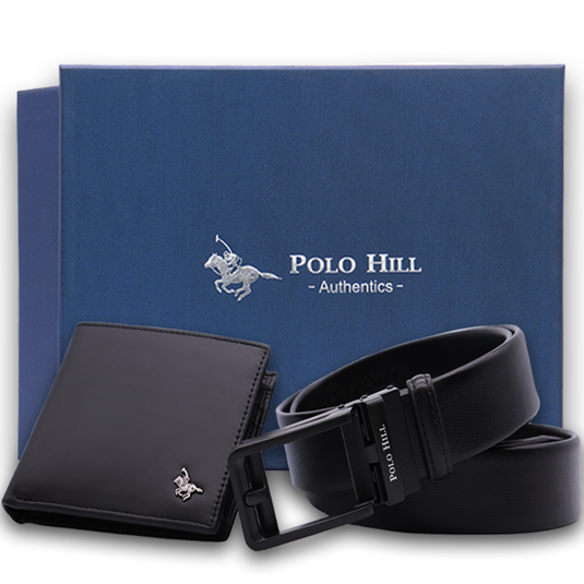 Gift Box 2-in-1 Bundle Set Genuine Leather RFID Protected Wallet Fake Pin Automatic Buckle Belt
