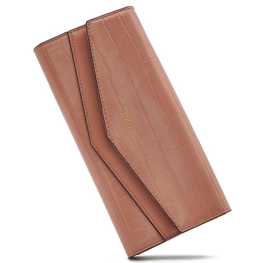 Croc Textured Long Flap Over Tri-Fold Wallet