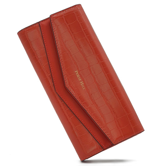 Croc Textured Long Flap Over Tri-Fold Wallet