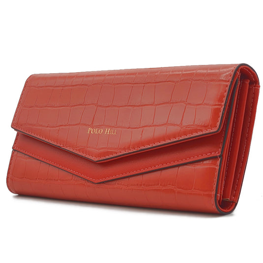 Croc Textured Long Flap Over Tri-Fold Wallet