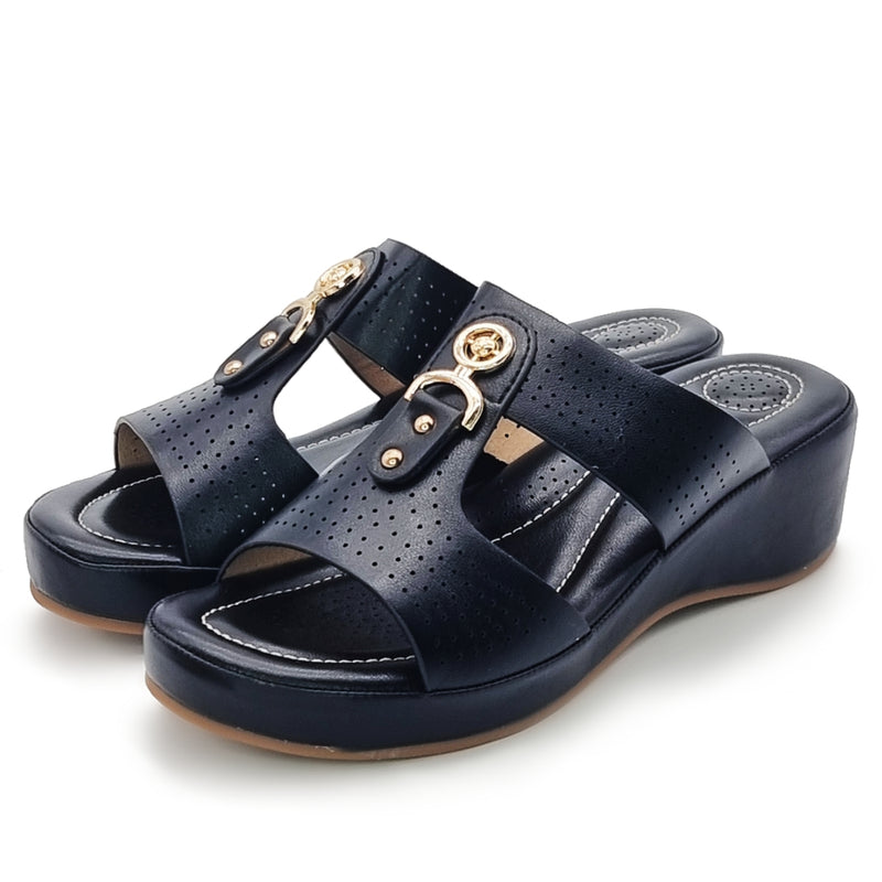 Load image into Gallery viewer, Studded Decor Piece Perforated Wedge Sandals
