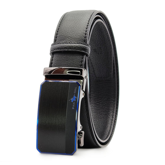 Automatic Buckle Genuine Leather Belt with Blue Accents