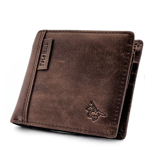 Genuine Leather Side Label Bi-Fold Wallet - Card Slots