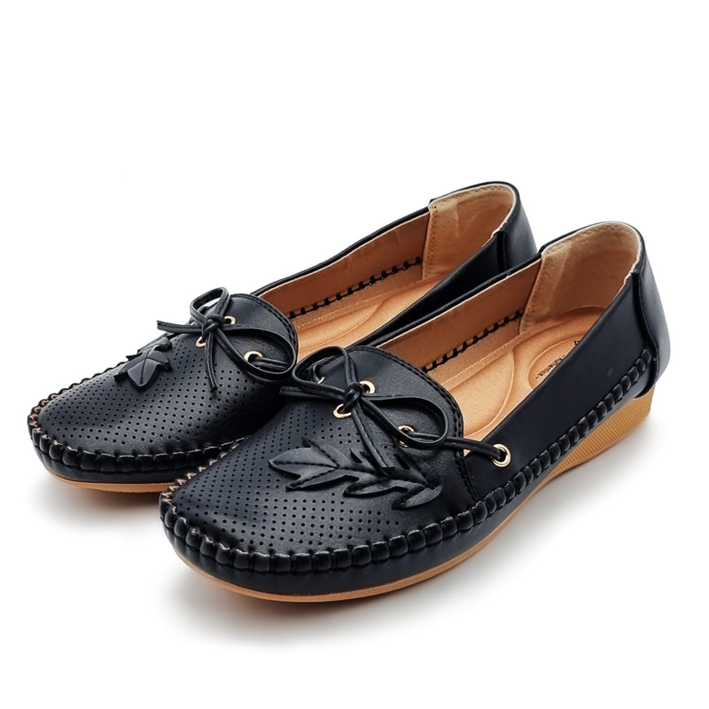 Load image into Gallery viewer, Bow Tie Slip On Loafers Shoes with Leaf Detail
