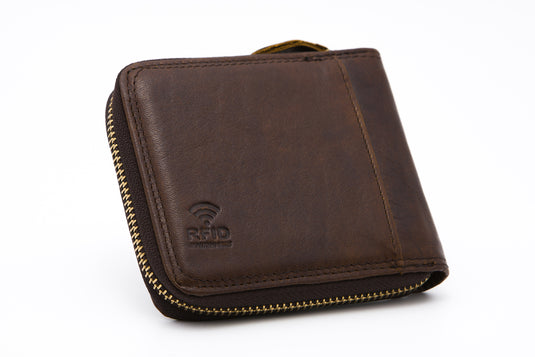 Brown RFID Protected Genuine Leather Ziparound Wallet - ID Windows