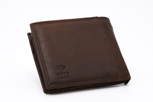 Brown RFID Protected Genuine Leather Bi-Fold Wallet - Coin Pouch