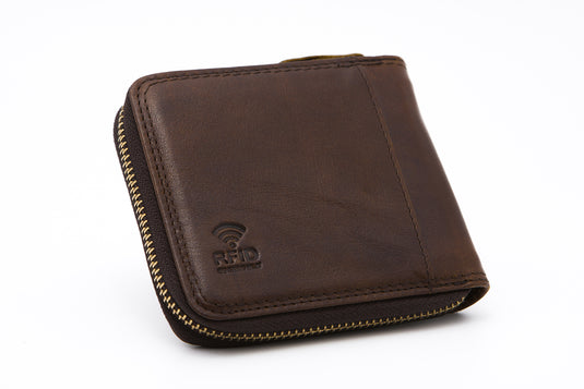 Brown RFID Protected Genuine Leather Ziparound Wallet - Coin Pouch