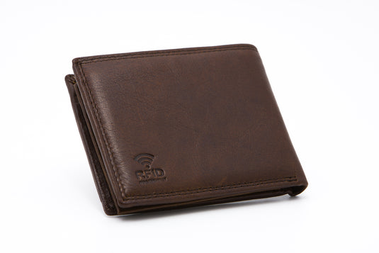 Brown RFID Protected Genuine Leather Bi-Fold Wallet - ID Windows