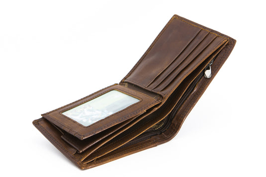 Brown RFID Protected Genuine Leather Bi-Fold Wallet - Coin Pouch