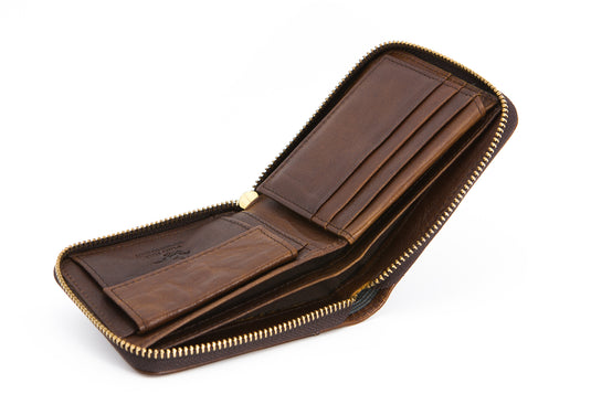 Brown RFID Protected Genuine Leather Ziparound Wallet - Coin Pouch