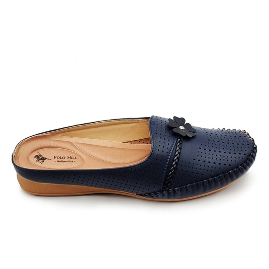 Half Slip On Mules Shoes with Centre Flower Detail