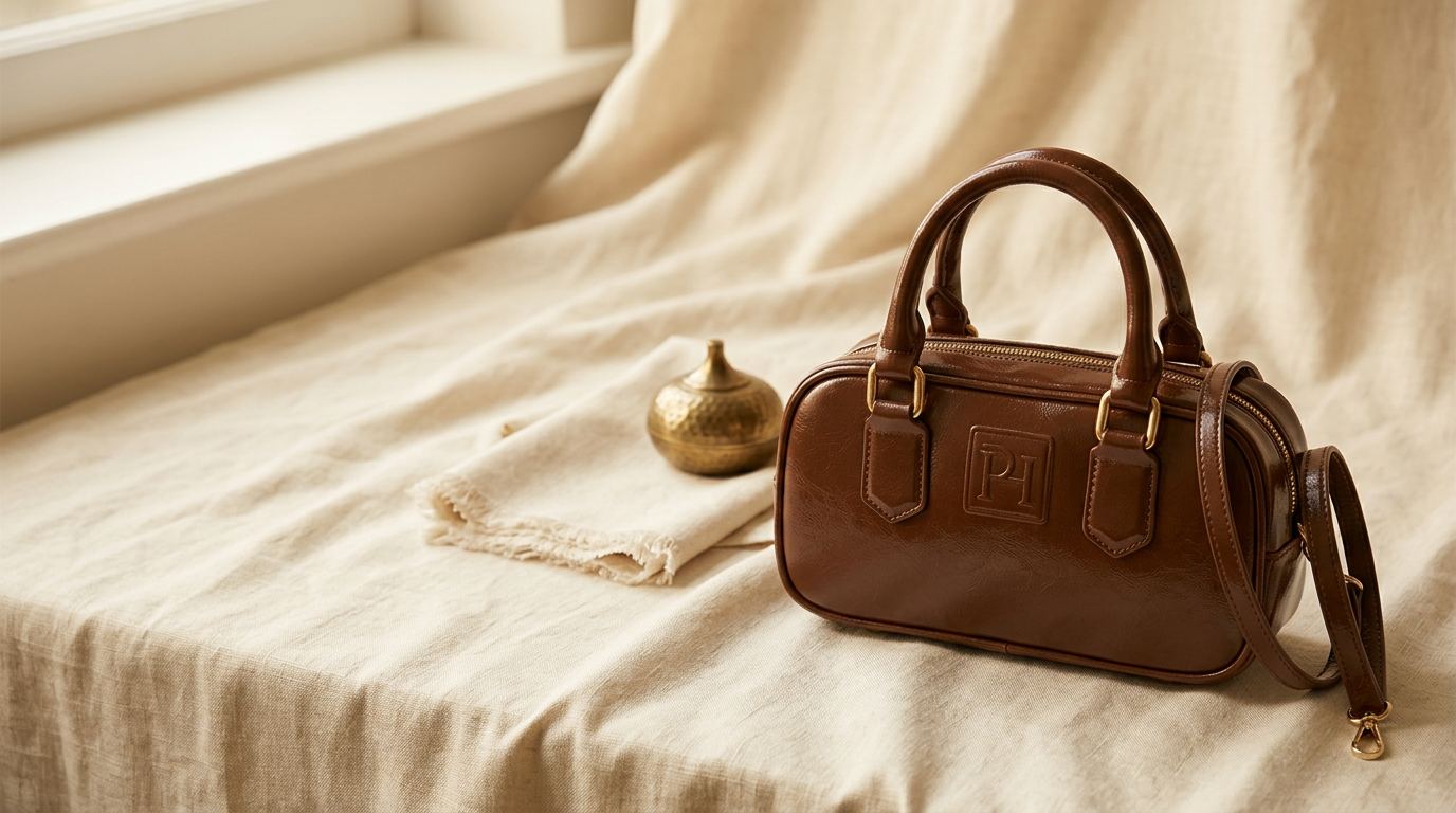 POLO HILL chestnut leather top-handle crossbody sling on warm ivory linen with brass hardware